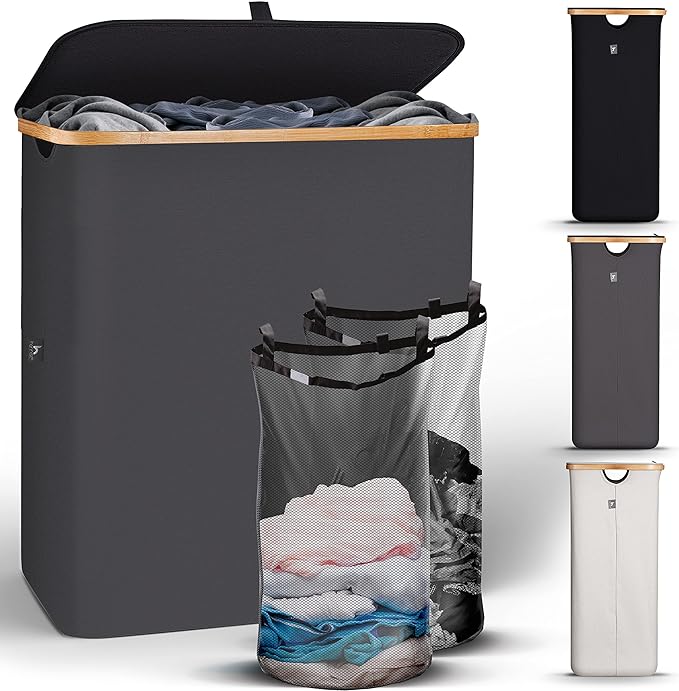 HENNEZ 141L Laundry Basket 2 Compartments - Laundry Basket with Lid - Double Washing Basket for Laundry - Laundry Hamper With Lid - Laundry Bin - Dirty Clothes Basket - Large Laundry Wash Basket - British D'sire