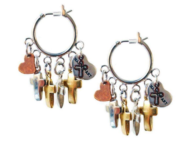 Hoop earrings with crosses, hearts charms and burnished gold. Boho earrings, trendy earrings, summer earrings. - Earrings - British D'sire