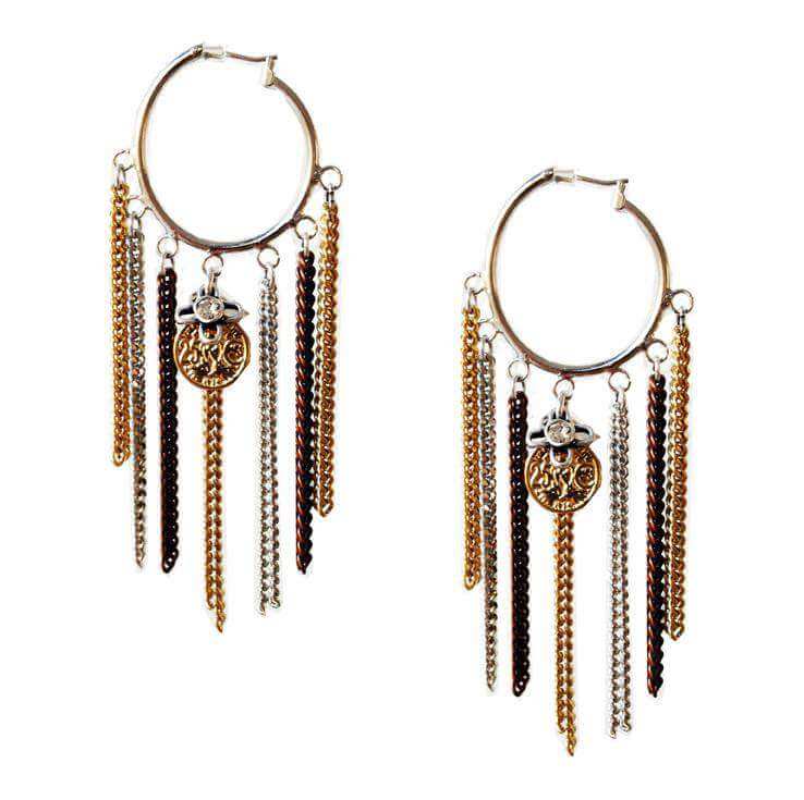 Hoop earrings with fringes, chains, charms and burnished gold. Contemporary jewellery, Boho earrings - earrings, orecchini - British D'sire