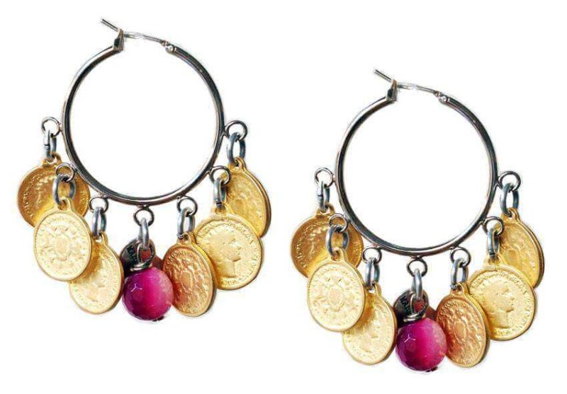 Hoop Earrings with gold coins and pink agate stones. - earrings, orecchini - British D'sire