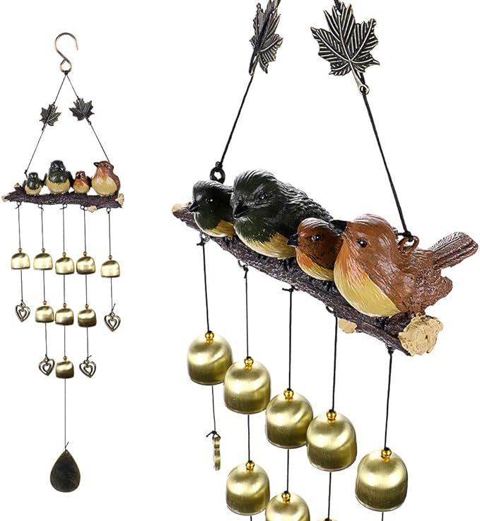 IGNPION Vintage 4 Birds Wind Chime Garden Windchimes for Outdoor Indoor Decor Perfect for Home Yard Decoration Come with Hook（Green+Brown） - British D'sire Main image