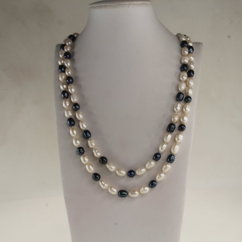 Infinity White Fresh Water Pearls & Black F.W.P 50 inches Necklace - Necklaces & Pendants - British D'sire Main image