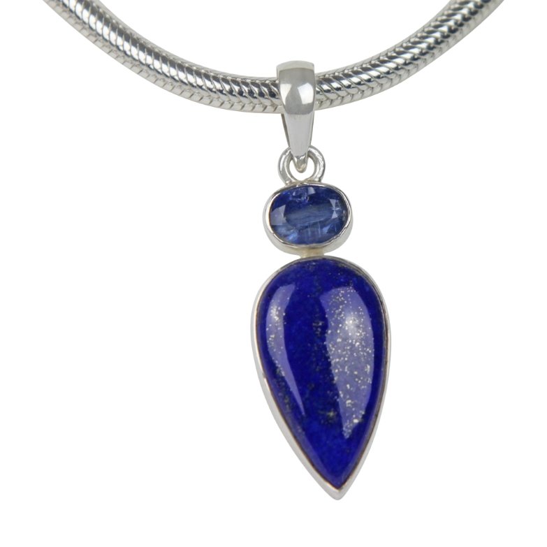 Inverted Teardrop Laps Lazuli Steling Silver Pendant Accent with an Iolite Gemstone - Necklaces & Pendants - British D'sire