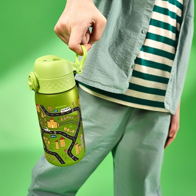 Ion8 Kids Water Bottles, BPA Free, Leakproof, Secure Lock, Kids Drinks Bottle for Spill-free Drinking, Green, Auto Cars Drive, 350ml Secondary image