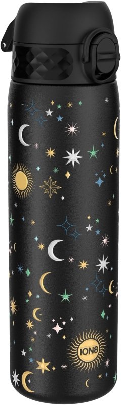 Ion8 Steel Water Bottle, 600 ml/20 oz, Leak Proof, Easy to Open, Secure Lock, Dishwasher Safe, Flip Cover, Fits Cup Holders, Carry Handle, Durable, Metal Water Bottle, Raised Print, Celestial Design - British D'sire Main image