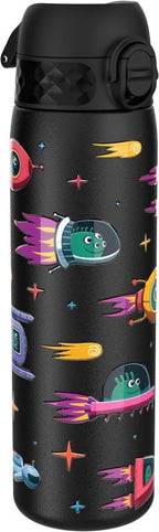 Ion8 Steel Water Bottle, 600 ml/20 oz, Leak Proof, Easy to Open, Secure Lock, Dishwasher Safe, Flip Cover, Fits Cup Holders, Carry Handle, Durable, Metal Water Bottle, Raised Print, Spaceships Design - British D'sire