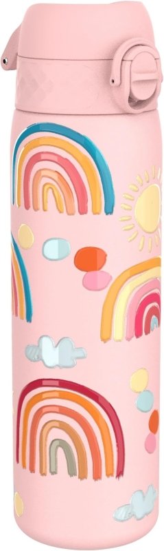 Ion8 Steel Water Bottle, 600 ml/20 oz, Leak Proof, Easy to Open, Secure Lock, Dishwasher Safe, Flip Cover, Fits Cup Holders, Carry Handle, Durable, Metal Water Bottle, Raised Print, Rainbows Design - British D'sire Main image