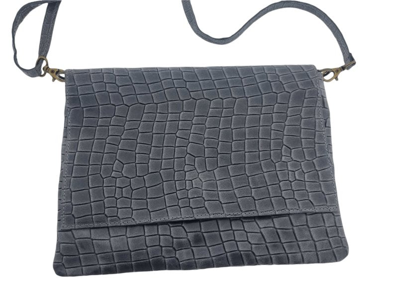 Italian Designer Soft Silver Blue Leather Full Croc Print Clutch with Flap- Swolit Rosario - British D'sire