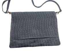 Italian Designer Soft Silver Blue Leather Full Croc Print Clutch with Flap- Swolit Rosario - British D'sire