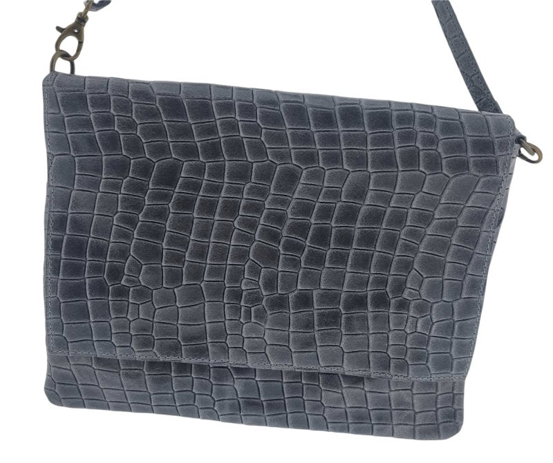 Italian Designer Soft Silver Blue Leather Full Croc Print Clutch with Flap- Swolit Rosario Secondary image