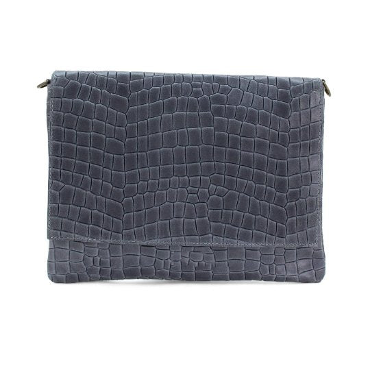 Italian Designer Soft Silver Blue Leather Full Croc Print Clutch with Flap- Swolit Rosario - British D'sire