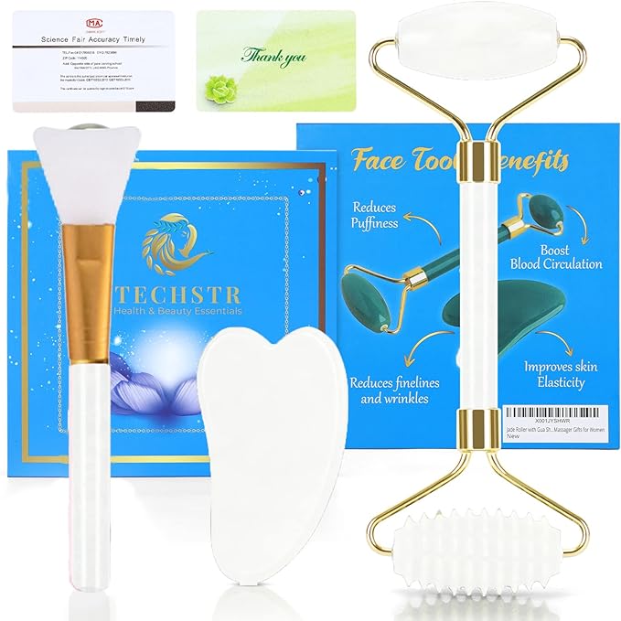 Jade Roller with Gua Sha Massage Set (3Pcs) | Face Roller for Eye Puffiness | Skin Tightening Face Massager Gifts for Women Secondary image