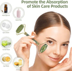 Jade Roller with Gua Sha Massage Set (3Pcs)- Face Roller for Eye Puffiness Treatment, Skin Tightening, Natural Jade Face Massager Gifts for Women - Skin Care Kits & Combos - British D'sire