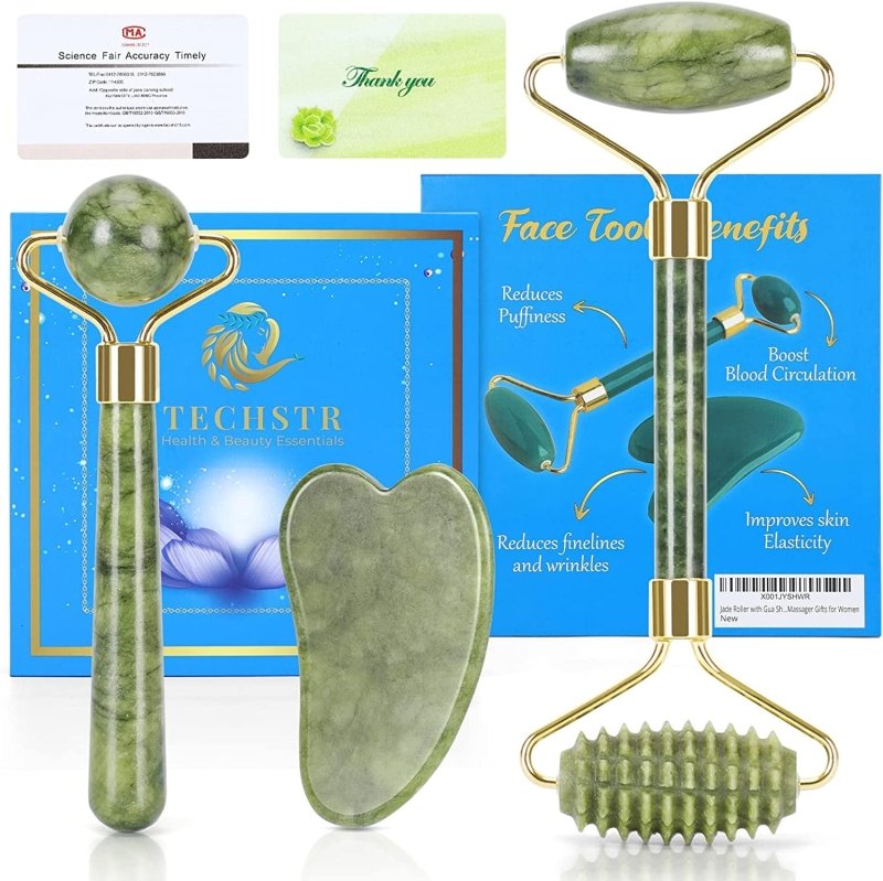 Jade Roller with Gua Sha Massage Set (3Pcs)- Face Roller for Eye Puffiness Treatment, Skin Tightening, Natural Jade Face Massager Gifts for Women - Skin Care Kits & Combos - British D'sire Main image