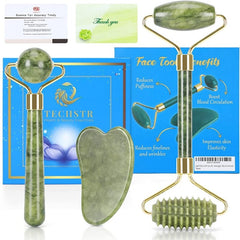 Jade Roller with Gua Sha Massage Set (3Pcs)- Face Roller for Eye Puffiness Treatment, Skin Tightening, Natural Jade Face Massager Gifts for Women - Skin Care Kits & Combos - British D'sire