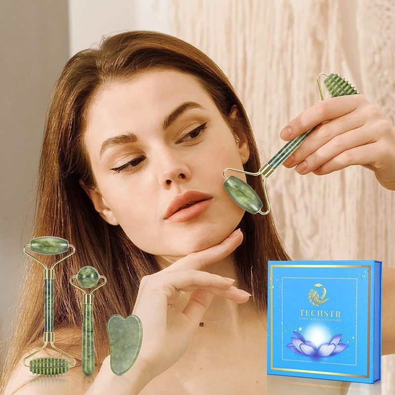 Jade Roller with Gua Sha Massage Set (3Pcs)- Face Roller for Eye Puffiness Treatment, Skin Tightening, Natural Jade Face Massager Gifts for Women - Skin Care Kits & Combos - British D'sire