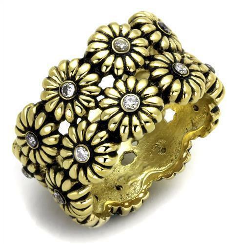 Jewellery Kingdom 13mm Flower Steel Cubic Zirconia Flower Chunky Ladies Gold Band Ring - Jewelry Rings - British D'sire Main image