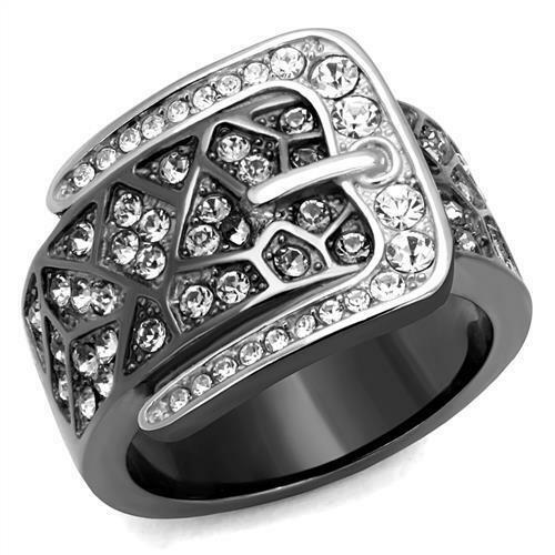 Jewellery Kingdom 15mm Stainless Steel Sparkling Ladies Buckle Black Band Ring - Jewelry Rings - British D'sire Main image