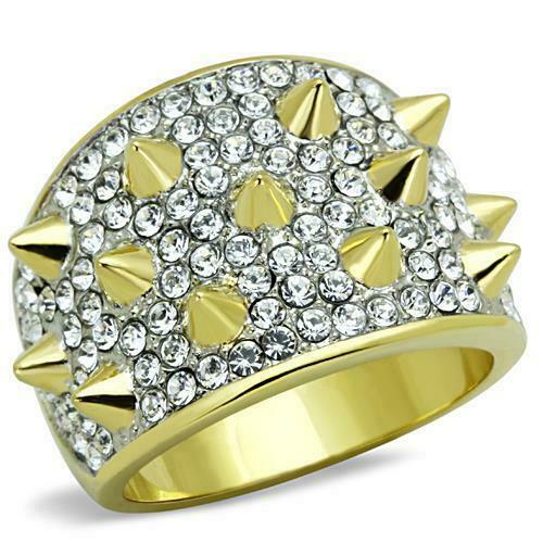 Jewellery Kingdom 18Kt Spike Clear Cubic Zirconia Steel Statement Ladies Gold Ring Band - Jewelry Rings - British D'sire Main image