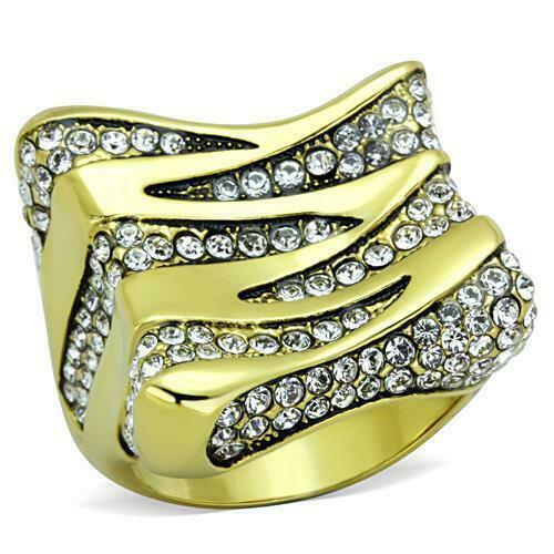 Jewellery Kingdom 18kt Zig Zag Clear Cubic Zirconia Steel Chunky Ladies Gold Ring Band - Jewelry Rings - British D'sire Main image