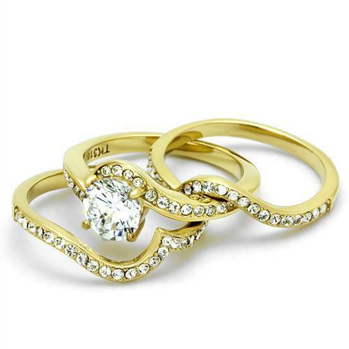 Jewellery Kingdom 2 Carat Bezel Steel Engagement Wedding Ladies Ring Sets (Gold) - Rings - British D'sire Main image