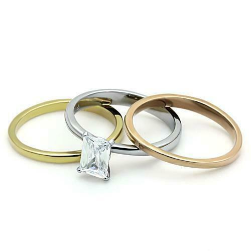 Jewellery Kingdom 2ct Solitaire Cubic Zirconia Stainless Steel Emerald Ring Set (Rose Gold & Yellow Gold) - Jewelry Rings - British D'sire