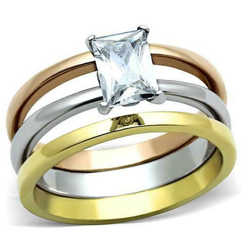 Jewellery Kingdom 2ct Solitaire Cubic Zirconia Stainless Steel Emerald Ring Set (Rose Gold & Yellow Gold) - Jewelry Rings - British D'sire Main image