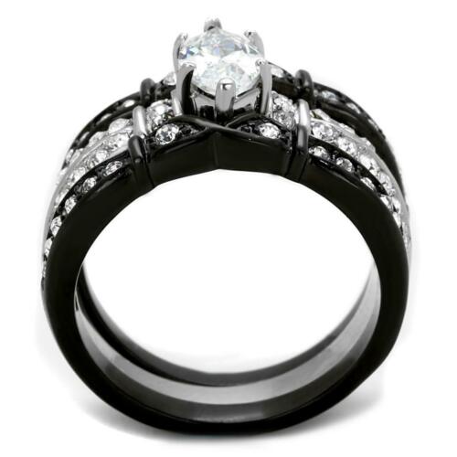 Jewellery Kingdom 3 Pieces Stacking Cubic Zirconia Steel Wedding Engagement Ring Set (Black) - Jewelry Rings - British D'sire