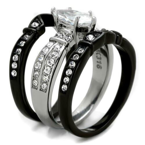 Jewellery Kingdom 3 Pieces Stacking Cubic Zirconia Steel Wedding Engagement Ring Set (Black) - Jewelry Rings - British D'sire
