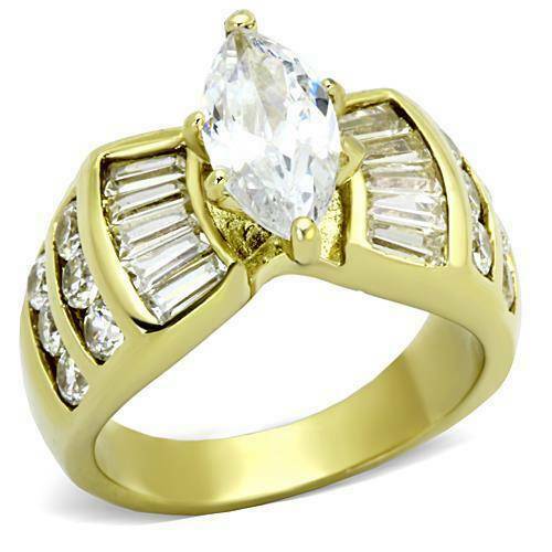 Jewellery Kingdom 3Carat Cz Baguettes Ladies 18kt Steel Sparkling Gold Marquise Ring - Jewelry Rings - British D'sire Main image