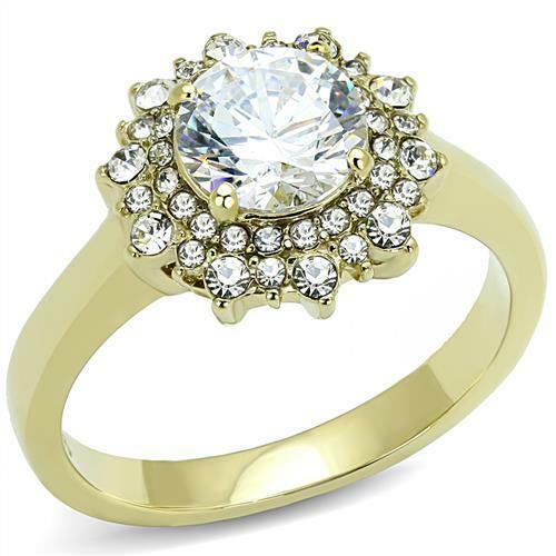 Jewellery Kingdom 3CT Cubic Zirconia Steel Bezel Solitaire Accents Gold Cluster Ladies Ring - Jewelry Rings - British D'sire Main image