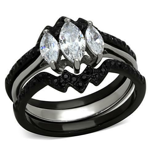 Jewellery Kingdom 3Pcs Steel Cubic Zirconia Ladies Engagement Wedding Bands Ring Set (Marquise Black) - Engagement Rings - British D'sire Main image