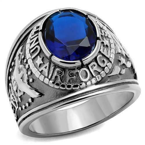 Jewellery Kingdom Air Force Signet Pinky Military USA Sapphire Oval Cubic Zirconia Stainless Steel Ring - Jewelry Rings - British D'sire
