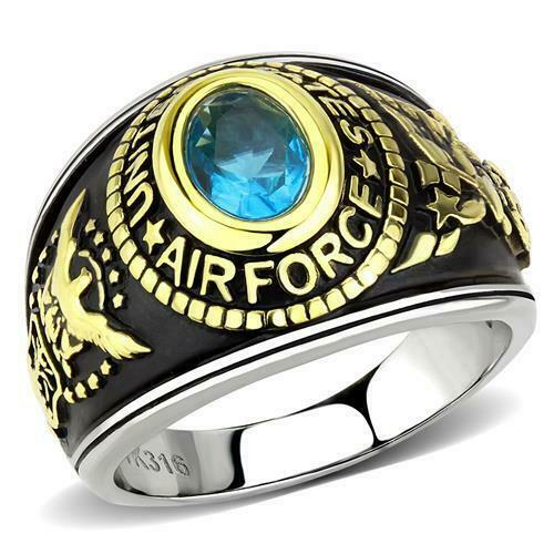 Jewellery Kingdom Air Force Stainless Steel Unites States 18kt Gold Military Ring (Blue Topaz) - Jewelry Rings - British D'sire