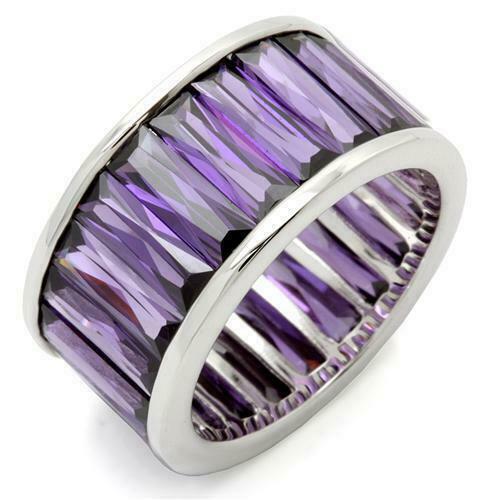 Jewellery Kingdom Amethyst Band Cubic Zirconia Full Eternity Emerald Cut Rhodium Ring (Purple & Silver) - Jewelry Rings - British D'sire Main image