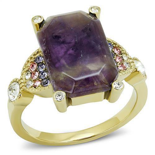 Jewellery Kingdom Amethyst Gold Emerald Cut Semi Precious Ladies Cubic Zirconia Steel Ring (Clear & Purple) - Jewelry Rings - British D'sire Main image