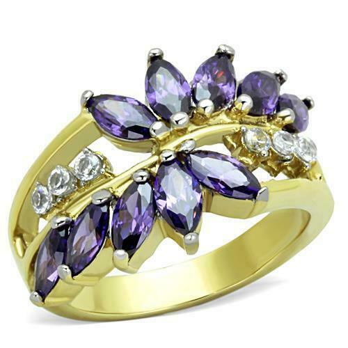 Jewellery Kingdom Amethyst Marquise Gold Cubic Zirconia Cluster 18kt Steel Ladies Clear Ring (Purple) - Jewelry Rings - British D'sire
