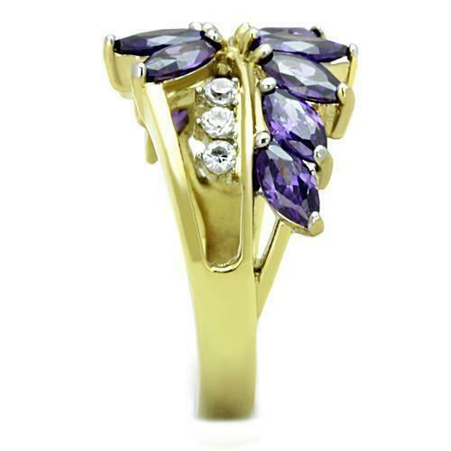 Jewellery Kingdom Amethyst Marquise Gold Cubic Zirconia Cluster 18kt Steel Ladies Clear Ring (Purple) - Jewelry Rings - British D'sire