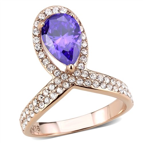 Jewellery Kingdom Amethyst Pear Cocktail Cubic Zirconia Steel Pretty Sparkling Ladies Rose Gold Ring - Jewelry Rings - British D'sire Main image