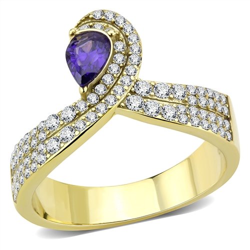 Jewellery Kingdom Amethyst Pear Ladies Simulated Diamonds Steel Cocktail Ring (Purple & Gold) - Jewelry Rings - British D'sire