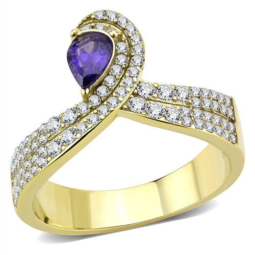 Jewellery Kingdom Amethyst Pear Ladies Simulated Diamonds Steel Cocktail Ring (Purple & Gold) - Jewelry Rings - British D'sire Main image