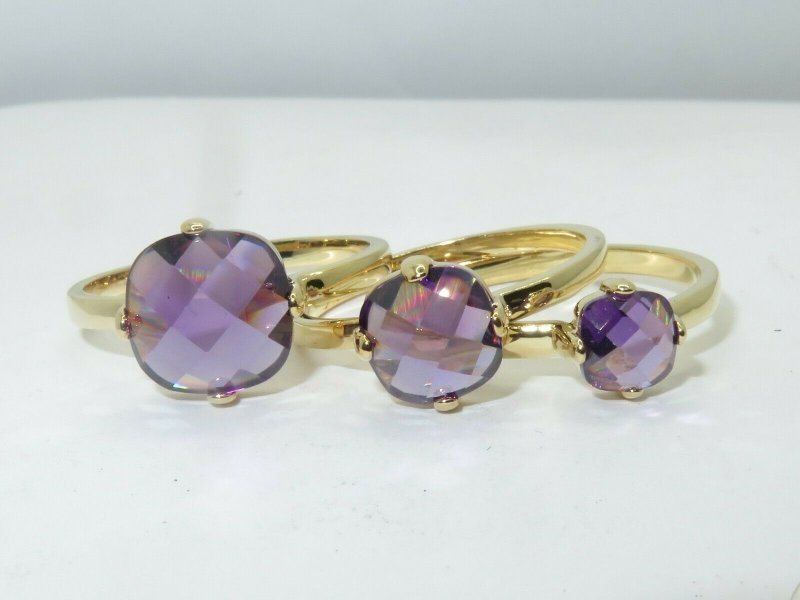 Jewellery Kingdom Amethyst Stacking CZ Cushion Cut 18kt Ladies Gold Ring Set (Purple & Gold) - Jewelry Rings - British D'sire