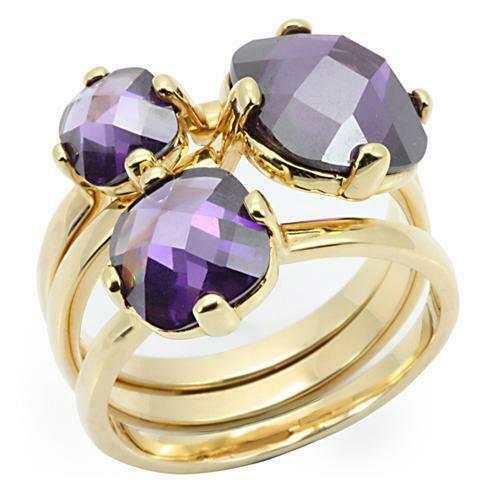 Jewellery Kingdom Amethyst Stacking CZ Cushion Cut 18kt Ladies Gold Ring Set (Purple & Gold) - Jewelry Rings - British D'sire Main image