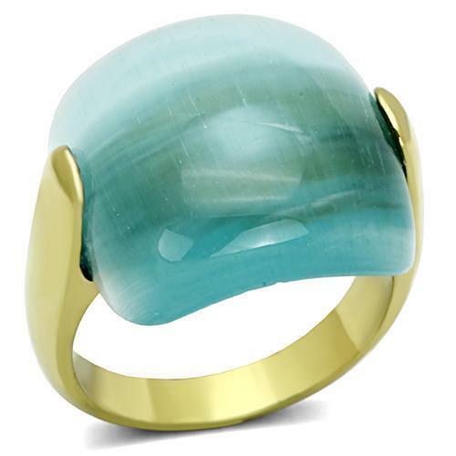 Jewellery Kingdom Aquamarine Cats Eye Synthetic Steel 18kt Ladies Ring (Gold) - Jewelry Rings - British D'sire Main image