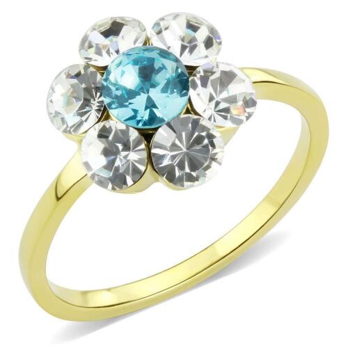Jewellery Kingdom Aquamarine Flower Cluster Pretty Simulated Diamonds Ladies Ring (Gold) - Jewelry Rings - British D'sire