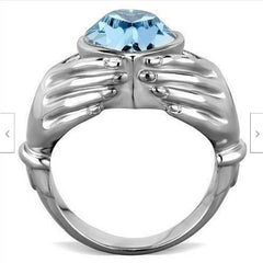 Jewellery Kingdom Aquamarine Heart Cz Hand Bezel Stainless Steel Solitaire Ladies Ring (Blue) - Rings - British D'sire