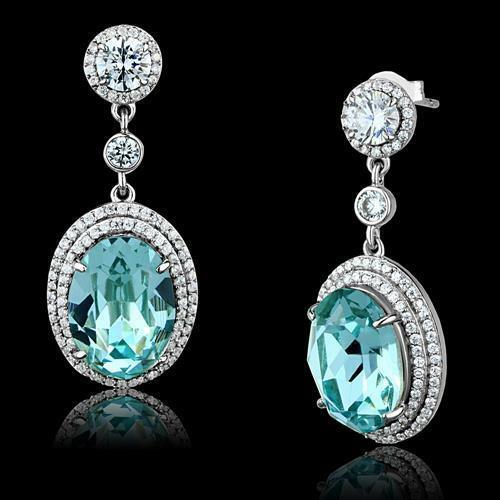 Jewellery Kingdom Aquamarine Sterling Cz Oval Dangle Drop 34mm Long Handmade Earrings (Silver) - Earrings - British D'sire