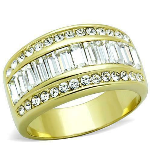 Jewellery Kingdom Baguettes 18kt Cubic Zirconia Steel Eternity 11mm Comfort Ladies Gold Band Ring - Jewelry Rings - British D'sire