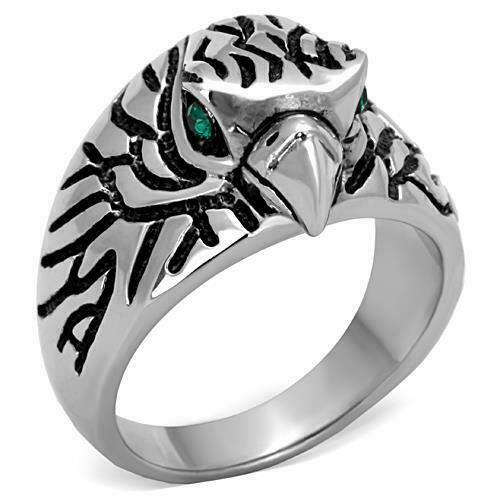 Jewellery Kingdom Biker Cubic Zirconia Emerald Thumb Signet Pinky Stainless Steel Mens eagle Ring Band - Jewelry Rings - British D'sire Main image