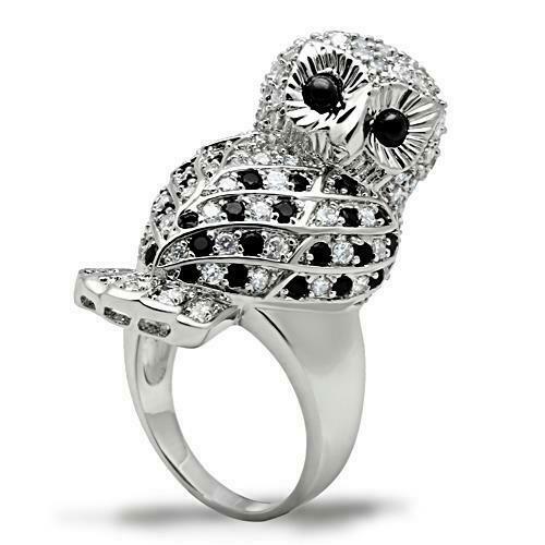 Jewellery Kingdom Bird Animal Black Cubic Zirconia Sparkling Ladies Owl Ring (Silver) - Jewelry Rings - British D'sire Main image